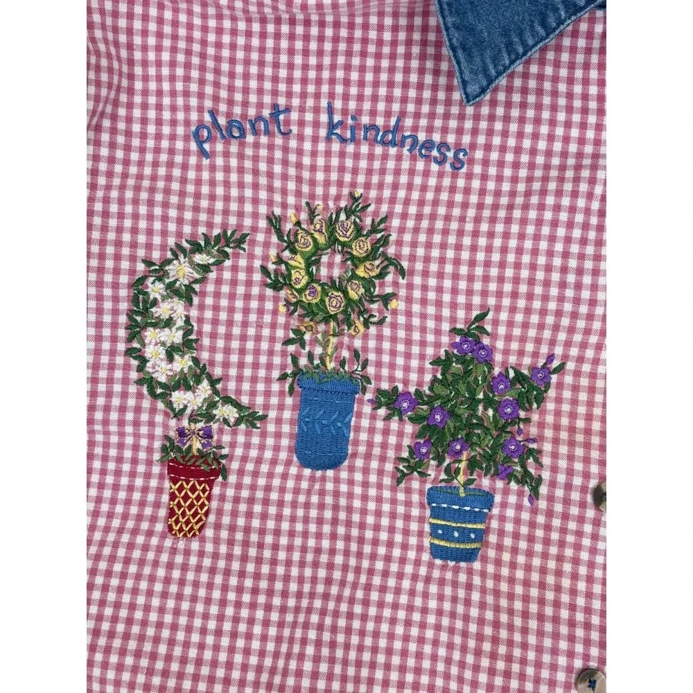 Quaker Factory Long Sleeve Shirt Size 1X‎ Cotton Gingham Gardening Embroidered